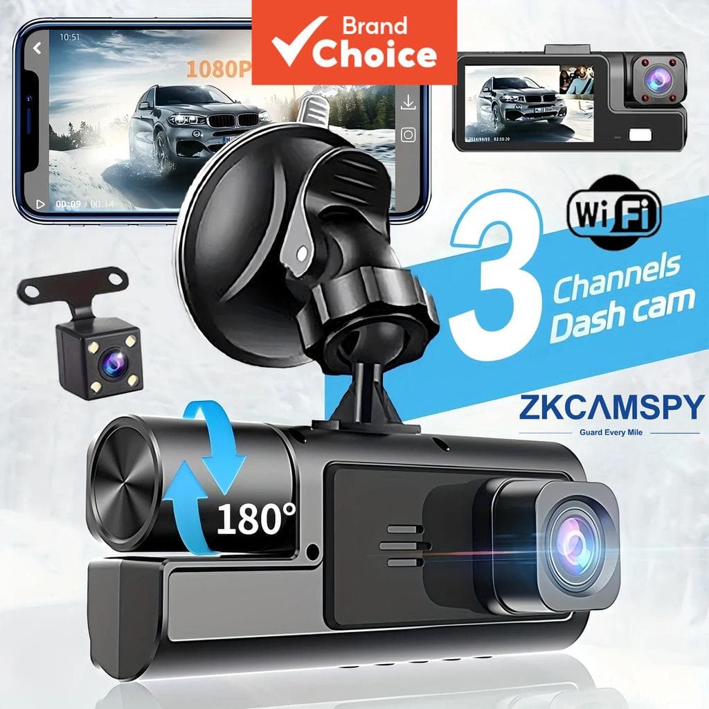 Câmera Veicular 3 Canais DVR para Carro 1080p Gravação de Vídeo Wi-Fi Câmera Frontal e Traseira Visão Noturna