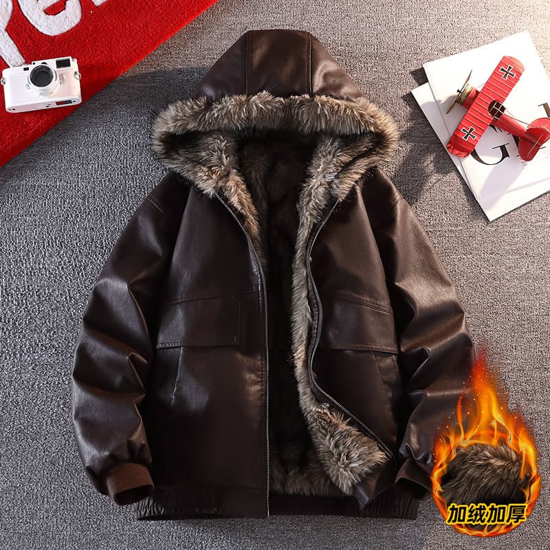 Pele de uma peça masculina inverno Plus Size forro de lã engrossado jaqueta de couro jaqueta de couro solta jaqueta de l