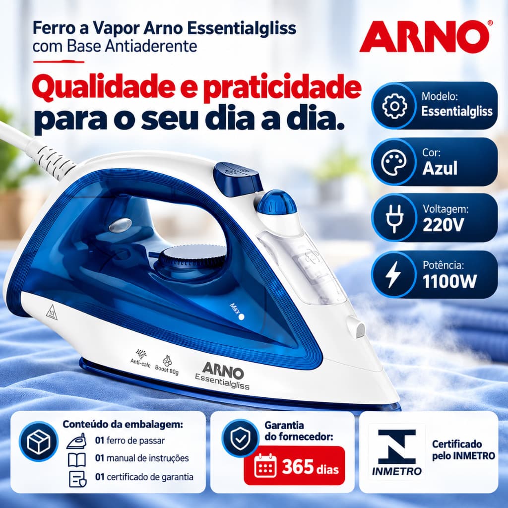 Ferro de Passar a Vapor Arno 220V 1100W Essentialgliss Base Antiaderente Azul Vapor Vertical Portátil FV1050B2/AMA-3225