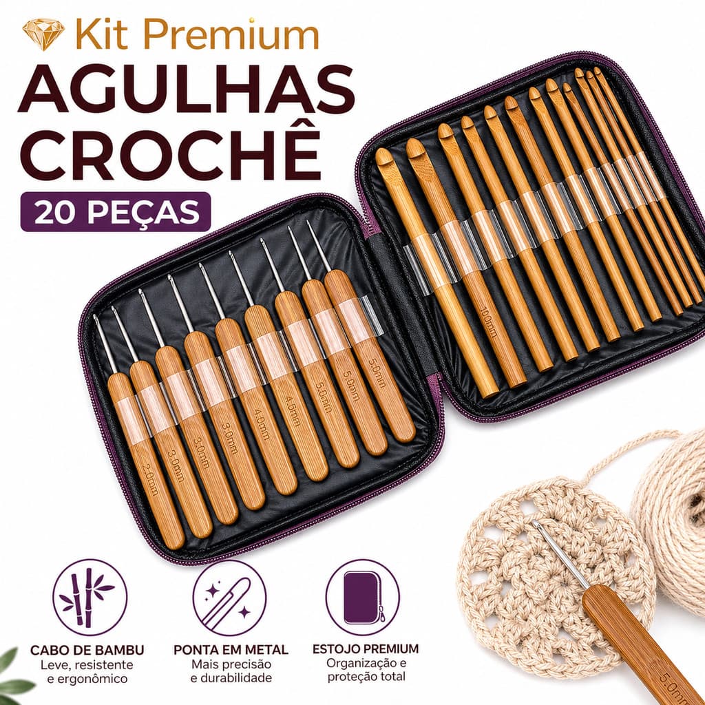 Kit Premium Agulhas Crochê Barbante Bambu 20 Peças Tapete Bolsa Amigurumi Artesanato