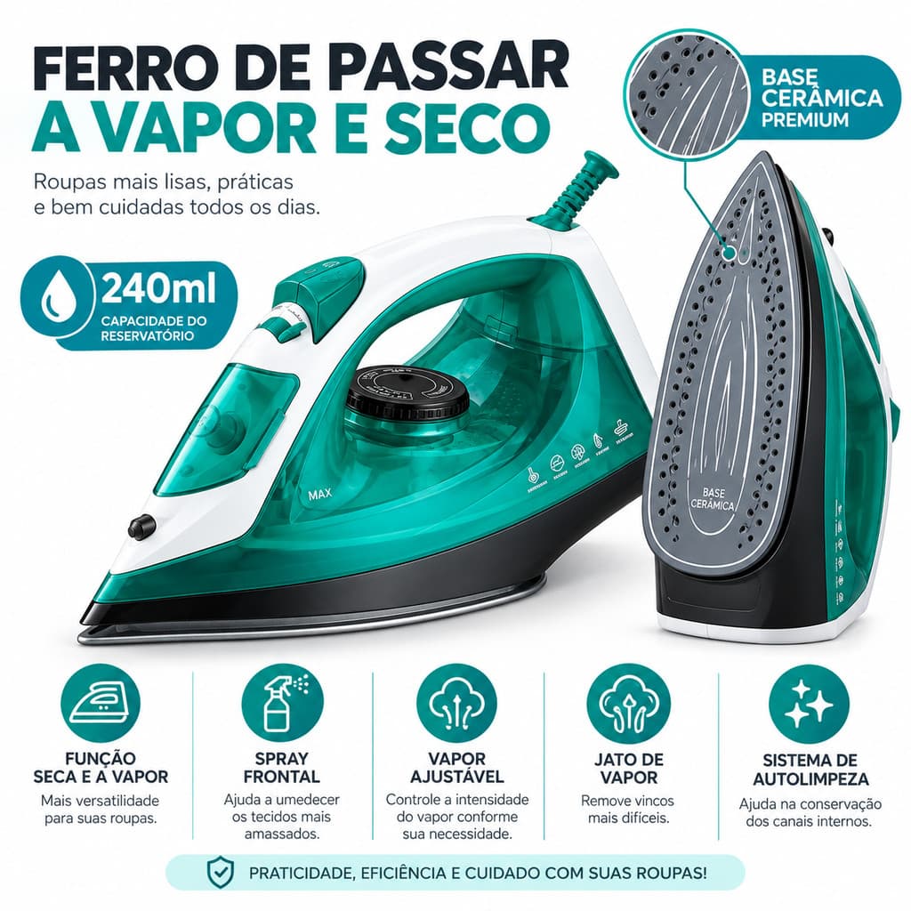Ferro De Passar A Vapor E Seco 240ml Com Base Cerâmica E Jato De Vapor Profissional Vapor Explosivo