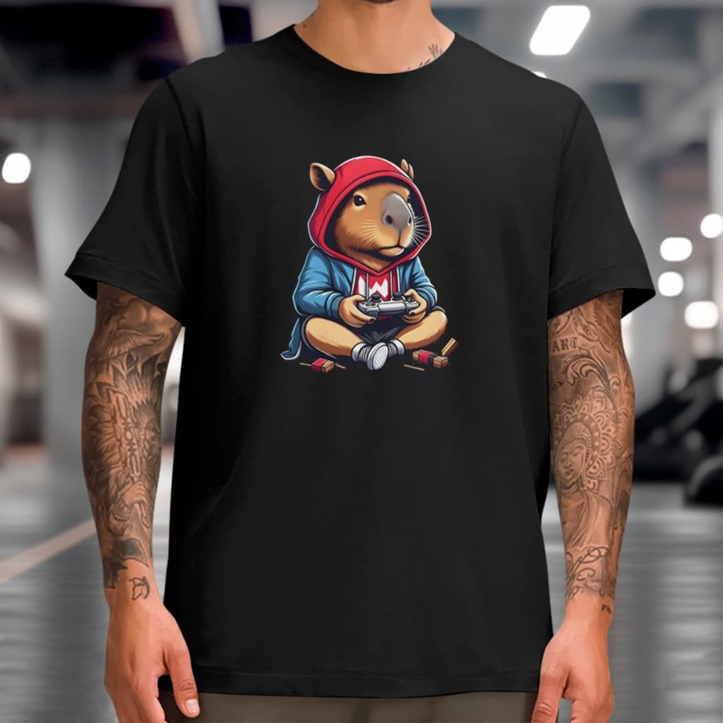 Camiseta Unissex Capivara Jogando Controle Camisa Capybara Gamer Videogame Estampada 100% Algodão