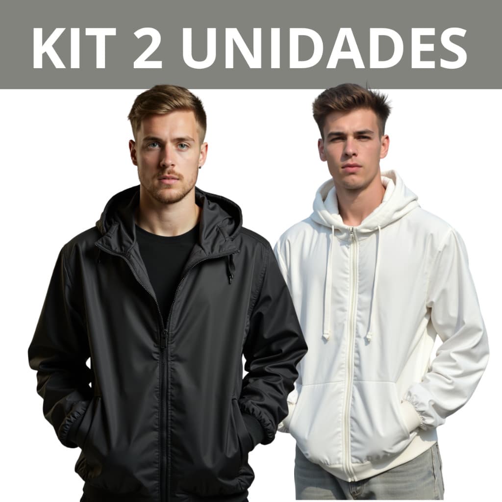 Kit combo 2 com Jaquetas Masculinas Corta Vento Agasalho Blusa Forrado com Capuz Preto Branco Chimpa