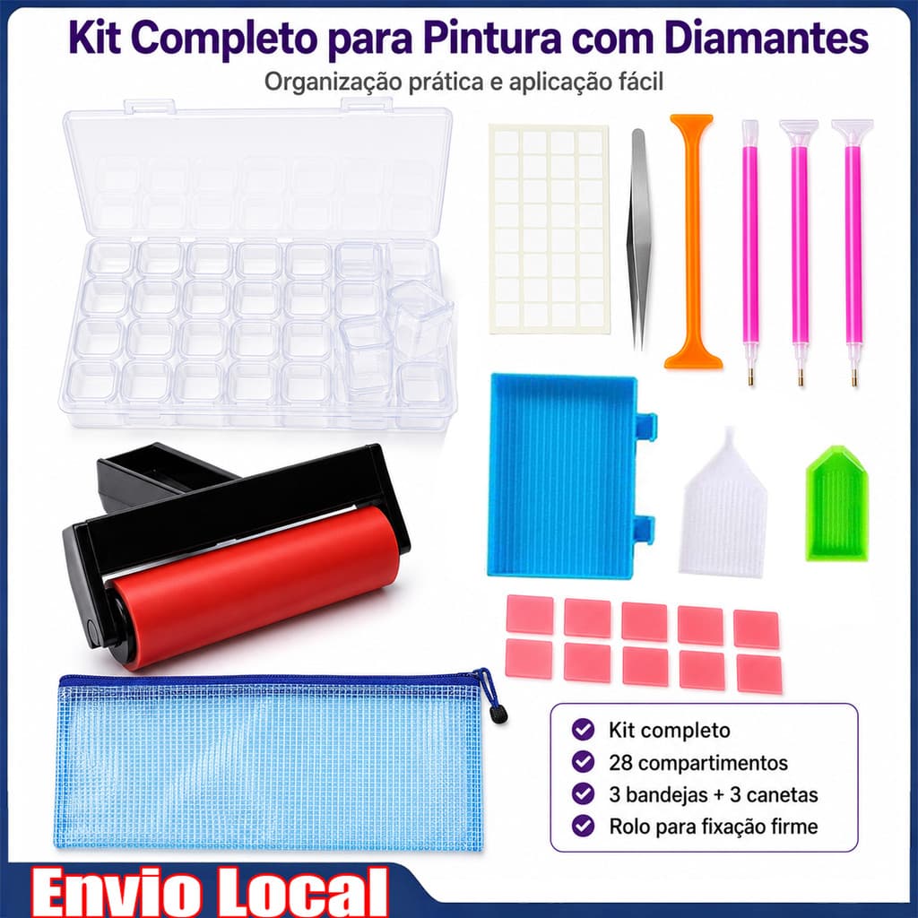Kit Ferramentas Pintura Diamante 5D Com Rolo Caixa 28 Divisórias Canetas Bandejas e Pinça