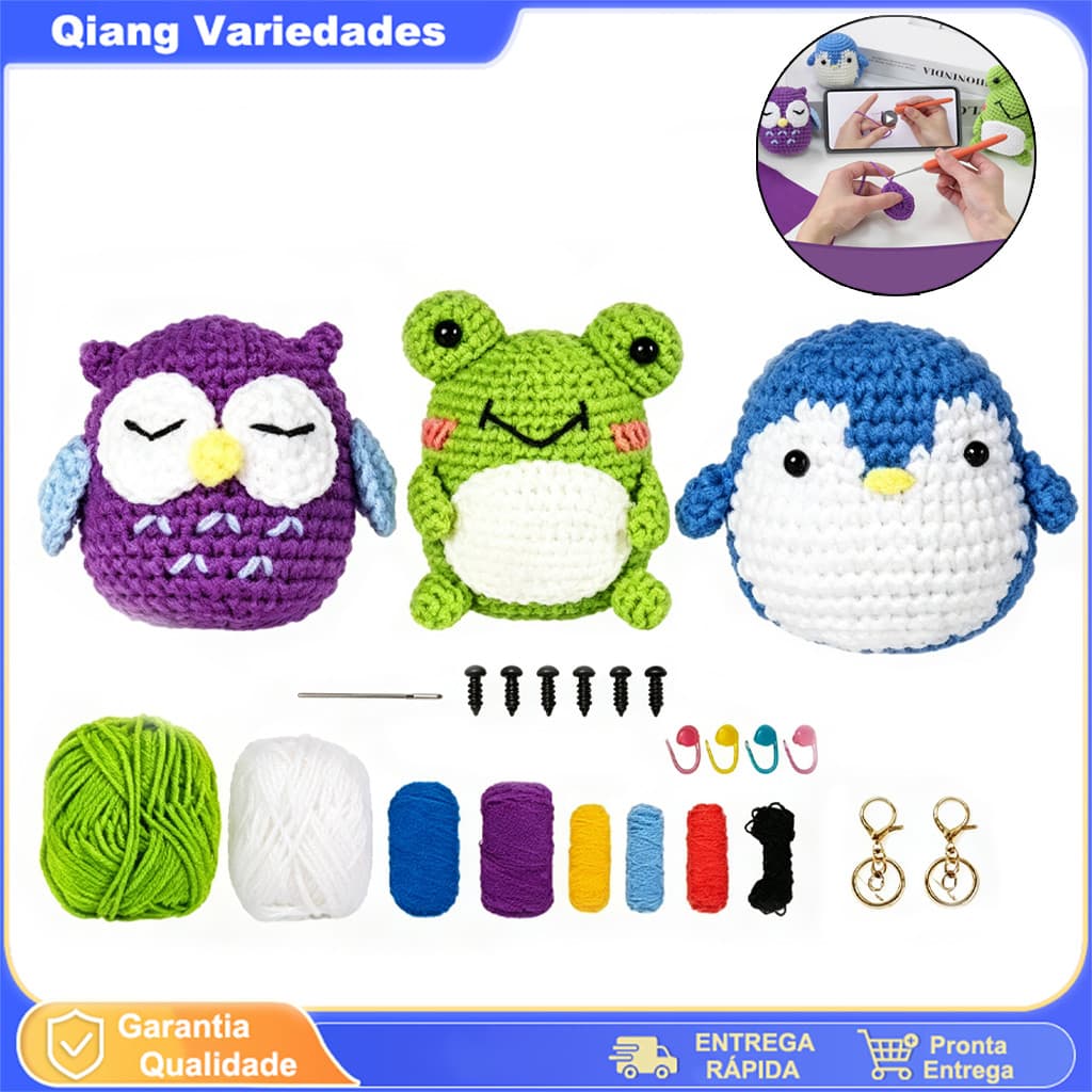 Kit Iniciante Amigurumi DIY Crochê 3 Animais Com Acessórios