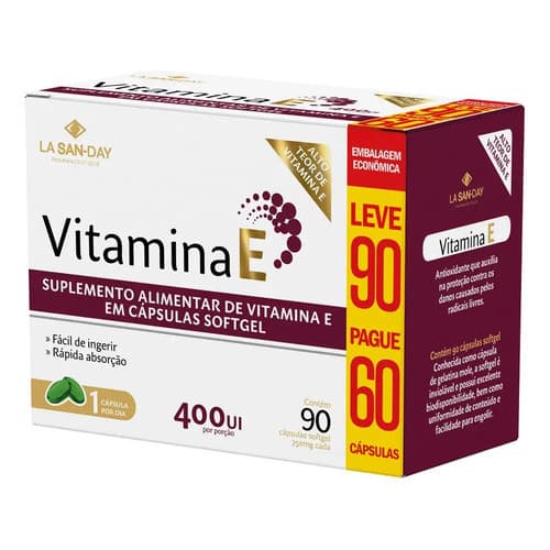 Vitamina É 400ui 90 Cápsulas La San-Day Suplemento Softgel Antioxidante Sem Glúten Vegano 7898615893383