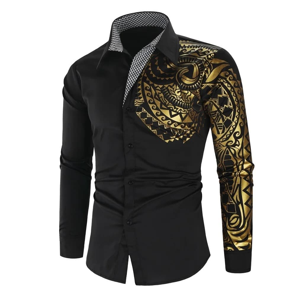 Camisa Masculina Luxuosa Dourada e Preta, Nova, Slim Fit, Manga Longa, Camisa Social para Homens, para Clube e Baile