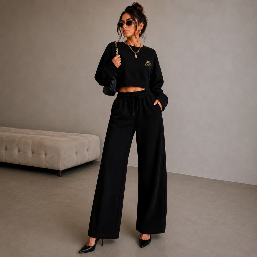 Conjunto Feminino Versatil Calça Wid Leg Moletom+ Crooped Look Casual Dantawj