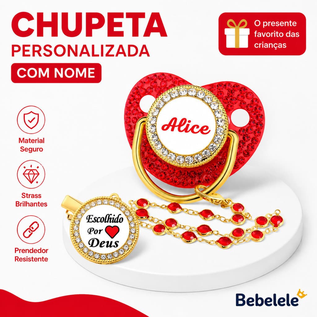 Chupeta vermelha para bebê, personalizada com o nome/foto da menina, inclui prendedor de chupeta&331 BLHB