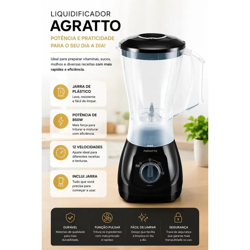 Liquidificador Potente Agratto Forza 220v Preto Turbo Copo Leitoso  Resistente Ideal Para Suco Vitaminas - Triturar Gelo