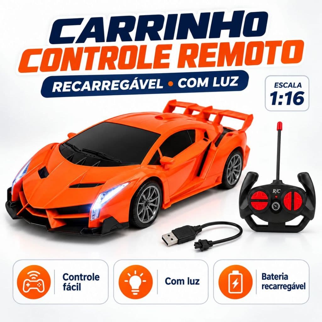 Carrinho Controle Remoto Infantil Recarregável com Luz 1:16 Carro Esportivo RC Brinquedo