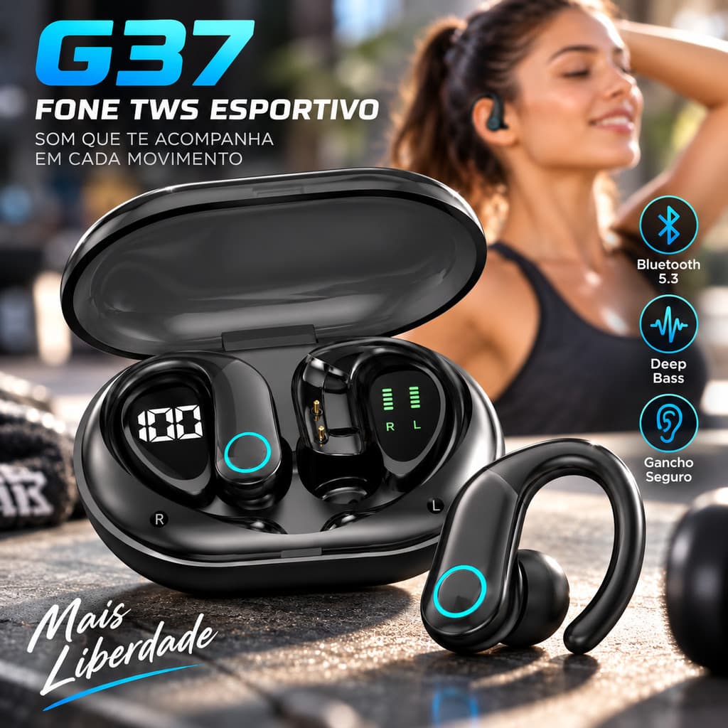 Fone Bluetooth G37 TWS 5.3 Esportivo Com Gancho Deep Bass Display LED