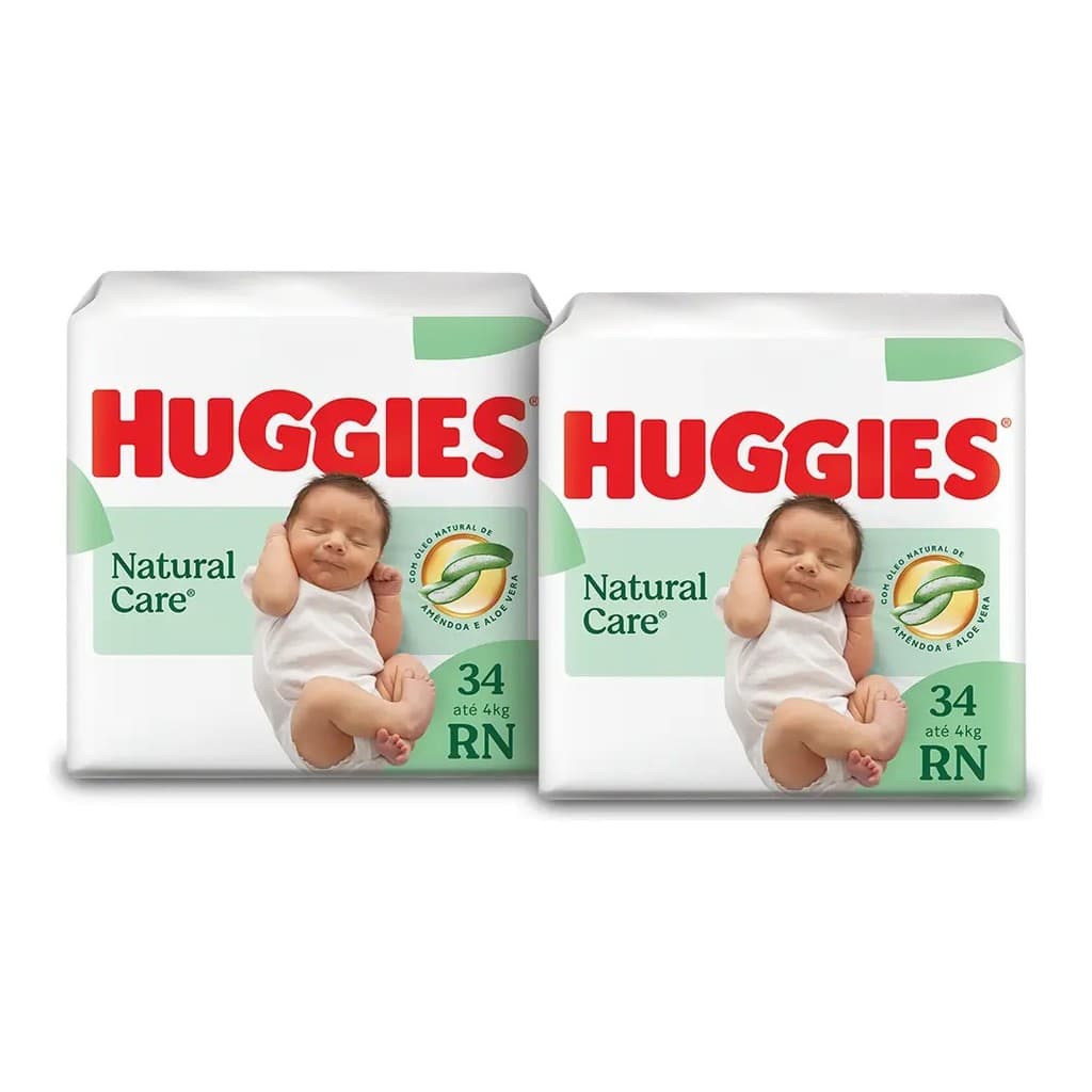 Kit 2 Pacote  Fralda Huggies Natural Care Mega Bebê Recém Nascido 68 Unidades