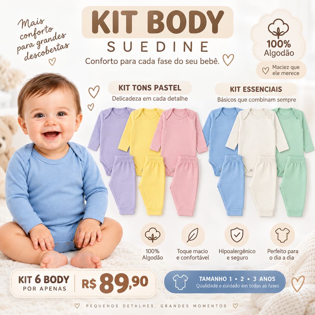 Kit 6 Peças Roupa de Bebê Body e Calça Manga Longa Ideal Presente Enxoval Macio Menino Menina Sortidos Tam 1 2 3