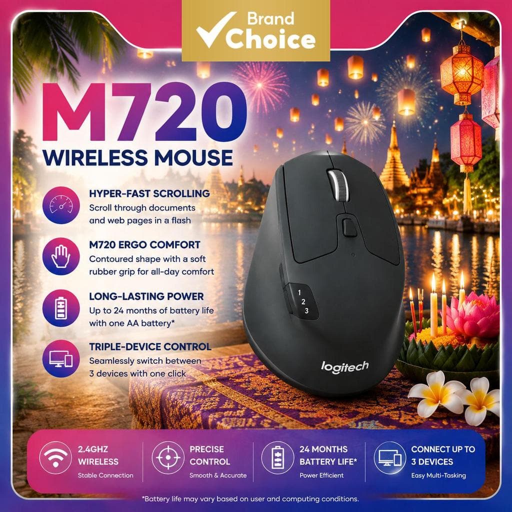 Logitech M720 Mouse Sem Fio Bluetooth, Ergonômico, Multi Dispositivo, Rastreamento Preciso, Longa Vida Útil da Bateria,