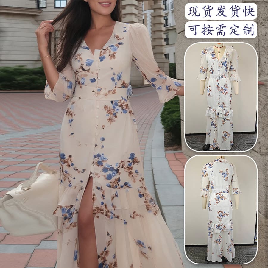 2026 novo estilo feminino Retro francês Floral vestido fungo borda estilingue vestido feminino verão vestido longo