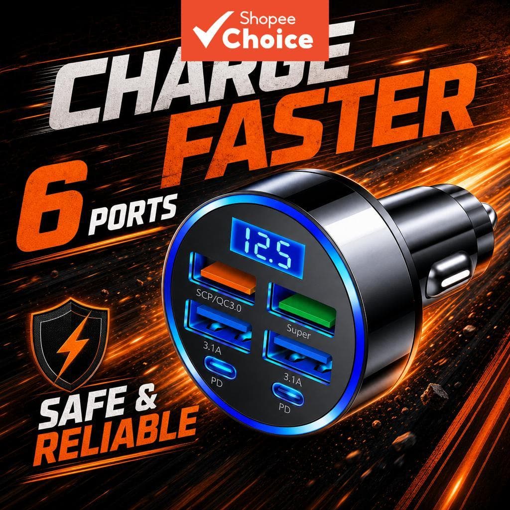 Carregador Veicular 6 em 1 Carregamento Super Rápido 4 USB 2 USB-C Múltiplas Portas com Monitor Digital de Tensão