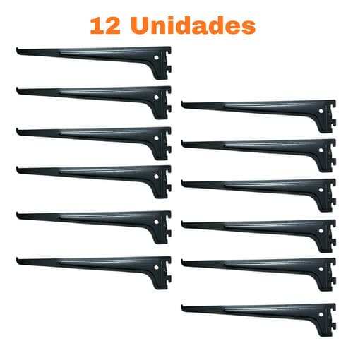 Kit 12 Suportes Prateleira 40cm Parede P/ Trilho Cremalheira Preto, suporte para triho ajustável, para loja, dispensa