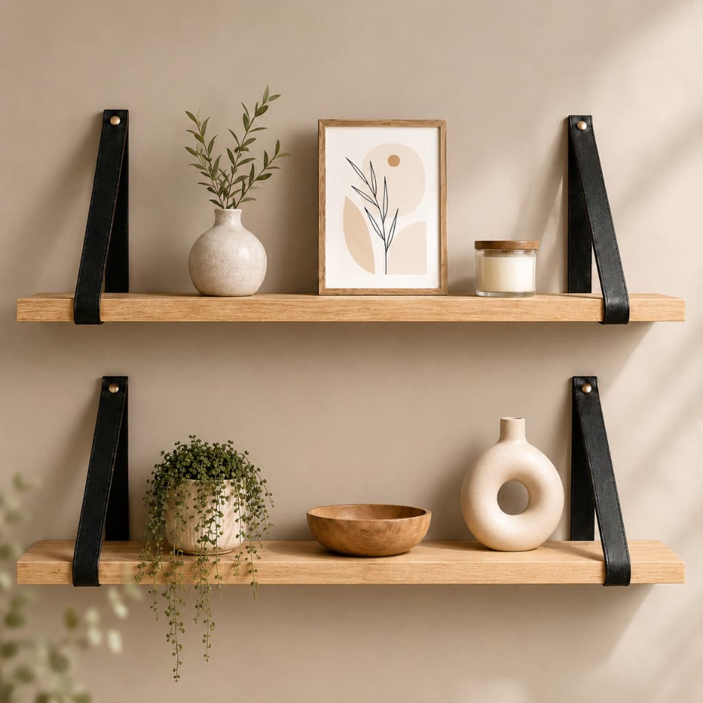 Kit 2 Prateleiras Decorativa de Parede 60x15cm em MDF com Suporte de Corino para Sala Quarto Cozinha