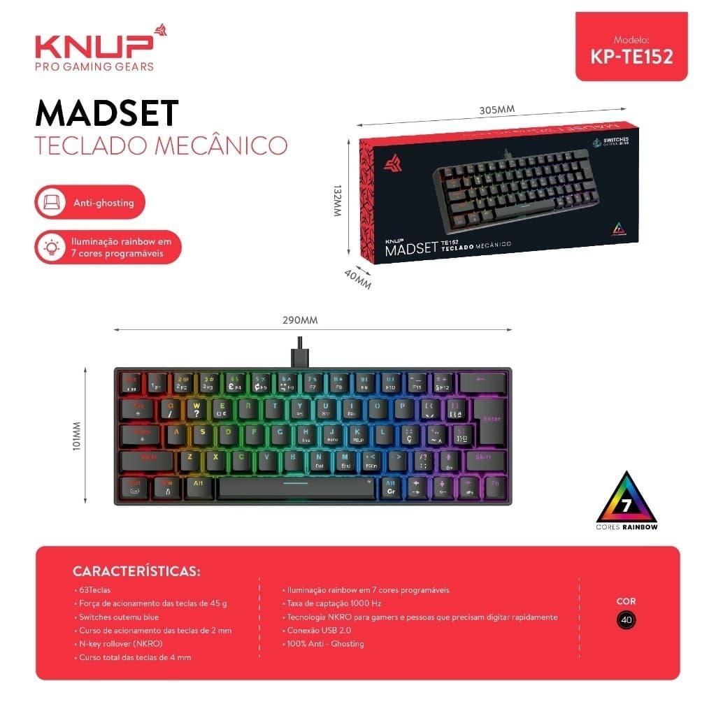 Teclado Mecanico Gamer Knup KP-TE152 ABNT2 Switch Outemu Blue 63 Teclas