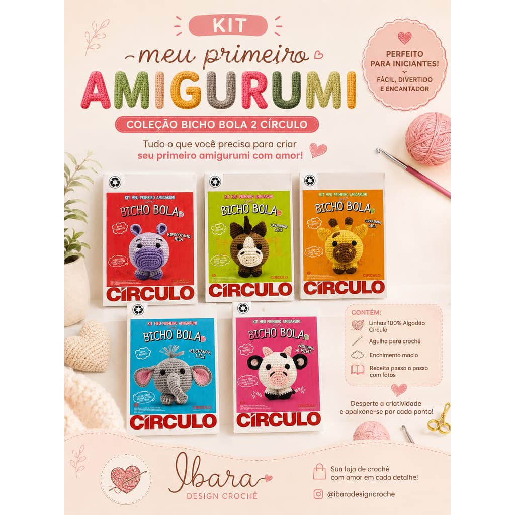 Kit Meu Primeiro Amigurumi Bicho Bola 2 Círculo para Iniciantes em Crochê