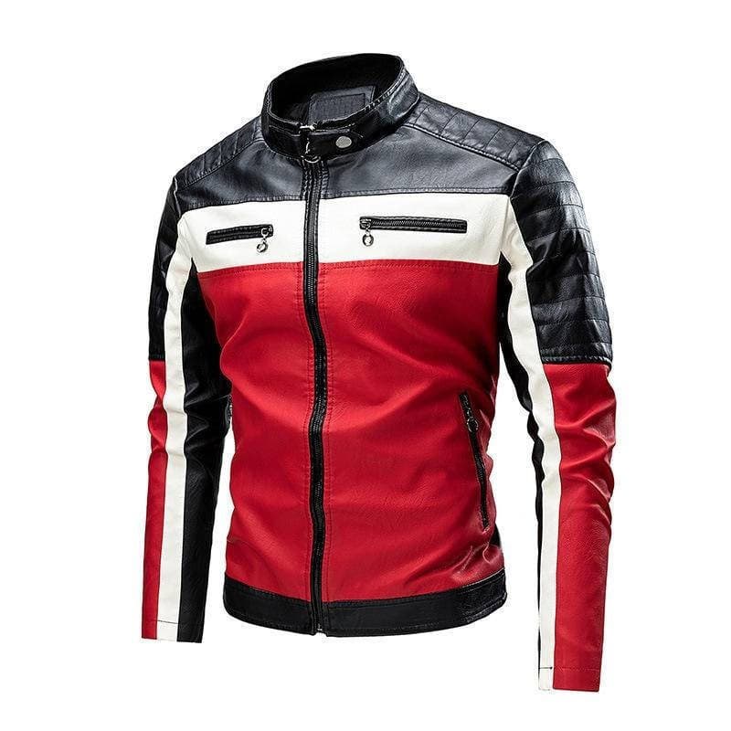 Jaqueta de Couro Casual Masculina em Patchwork com Gola Retrô, Jaqueta de Motociclista Quente, Tamanho Grande Masculino 