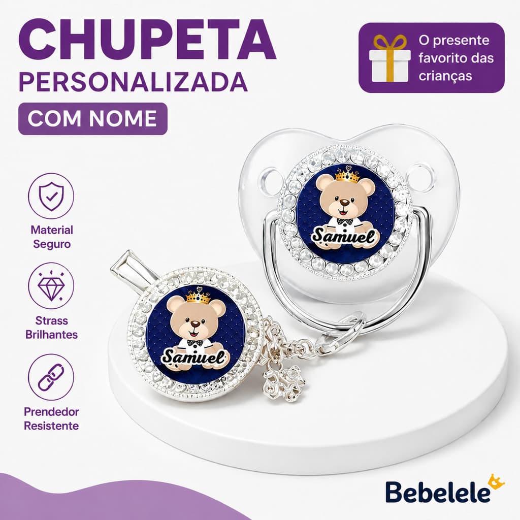 Chupeta Transparente Prateada para Bebê, Inclui Prendedor de Chupeta, Prendedor de Chupeta Personalizado com Nome e Foto