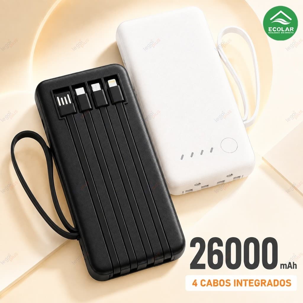 Power Bank 26000mAh Alta Capacidade Carregador Rápido 4 Cabos USB Integrados para Celular Trabalho Viagem