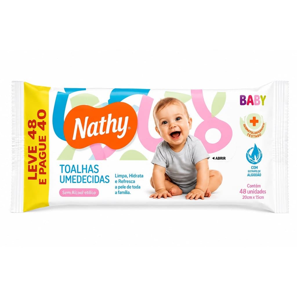 Lenço umedecido bebe sem alcool 48 lenços - 1 pacote - Nathy