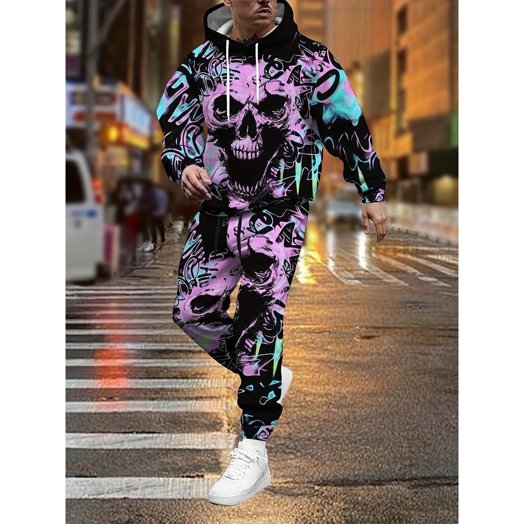 Conjunto masculino de moletom com capuz e moletom com caveira de Halloween - conjunto confortável de 2 peças com cordão 