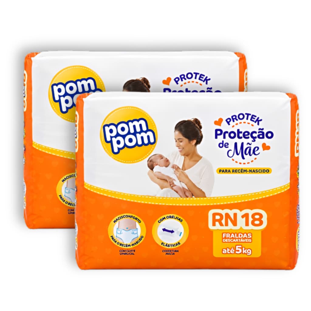 Kit 2 Fralda Descartável Pom Pom Protek Proteção de Mãe Recem Nascidos RN - Total 36 Unidades