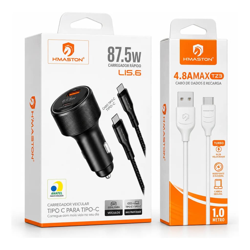 Carregador Veicular H'maston 87,5W Turbo PD com Cabo Tipo-C USB-C Carga Rápida para Celular e Carro Universal