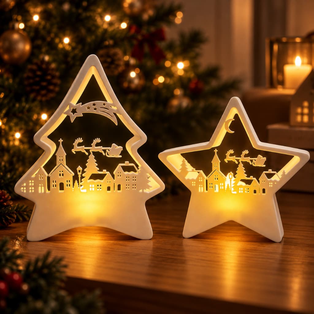Conjunto Decoração de Natal com Luz LED Árvore Estrela Enfeite Natalino de Mesa Rack Luminária Decorativa Natal