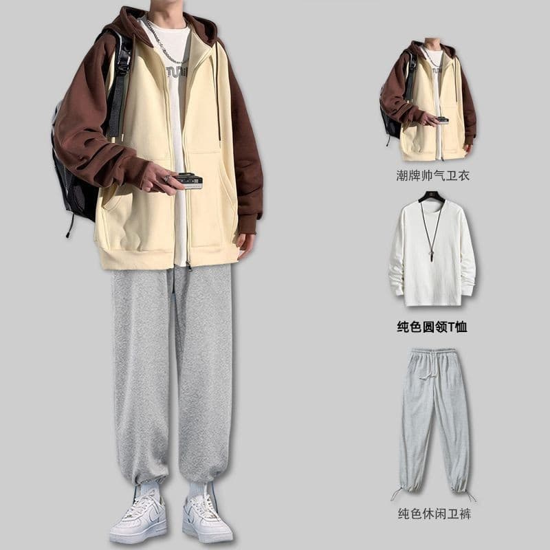 Três conjuntos de moletom pesado terno masculino outono com capuz Cardigan solto moletom esportivo um conjunto jogo#三套重磅