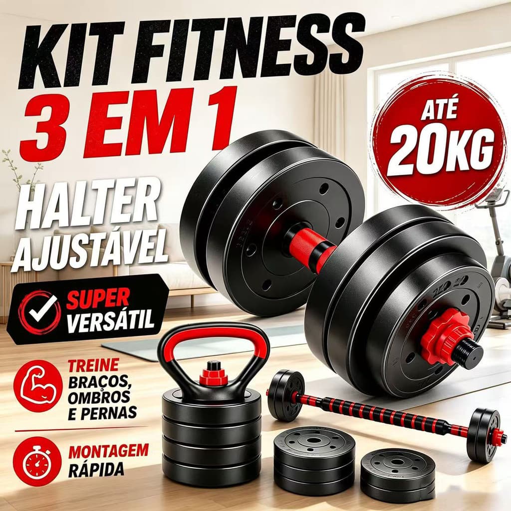 Kit Halteres Ajustáveis 15kg Musculação 6 em 1 Barra Kettlebell Anilhas Academia em Casa Treino