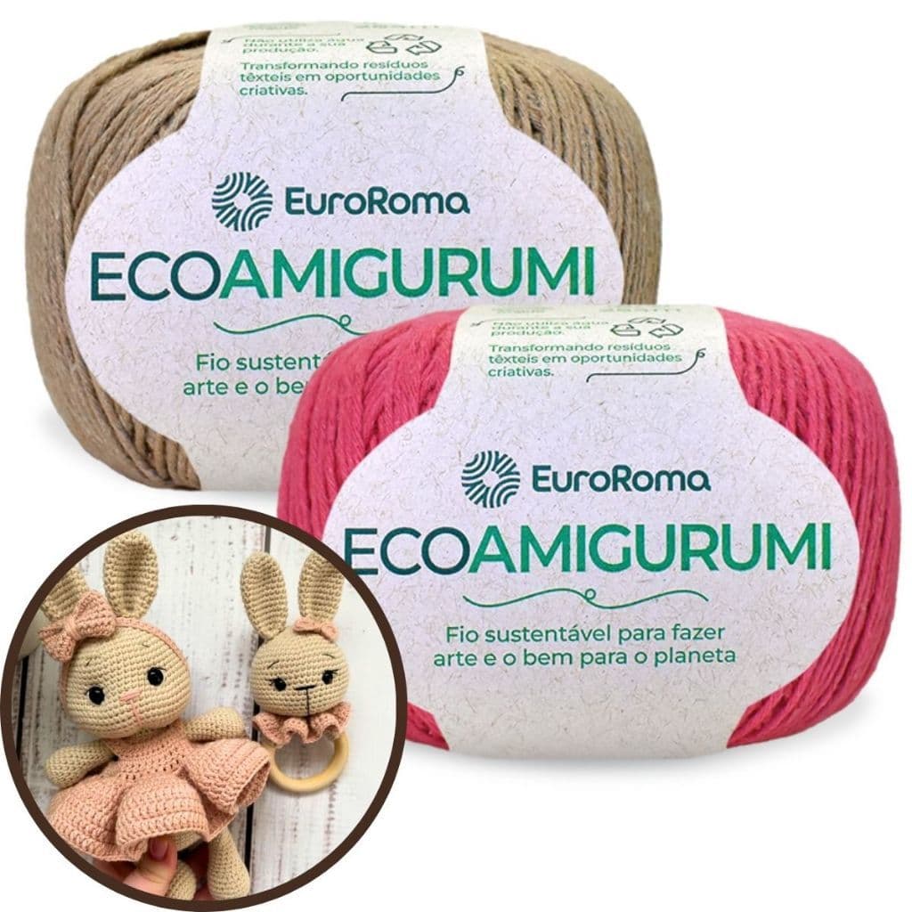 Kit 2 Linha Eco Amigurumi Euroroma 240M Bonecas Pelucia Naninhas Crochê Bebê Chocalhos Barbante