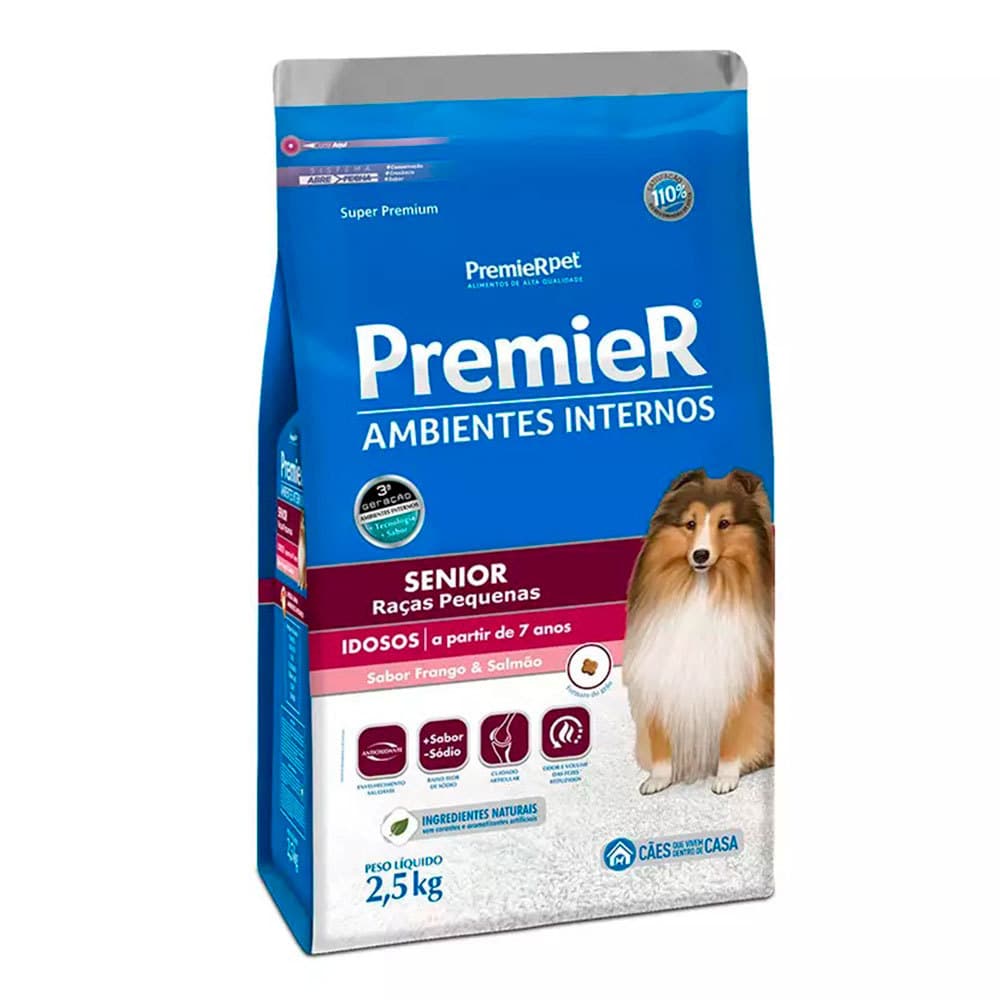 Ração Premier Ambientes Internos Cães Adultos Sênior +7 Raças Pequenas Frango e Salmão 2,5kg