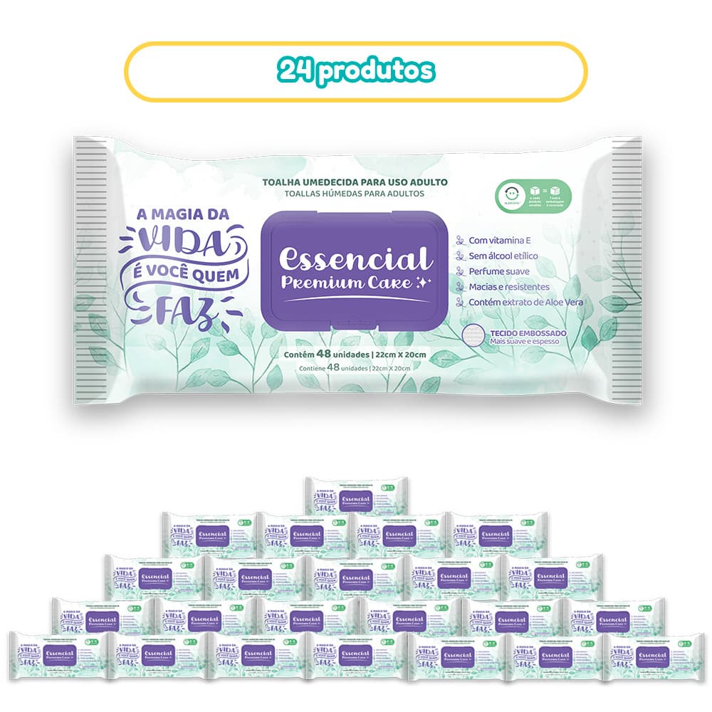 Kit 24 Toalhas Umedecidas Essencial Care Adulto 48 Folhas Cada