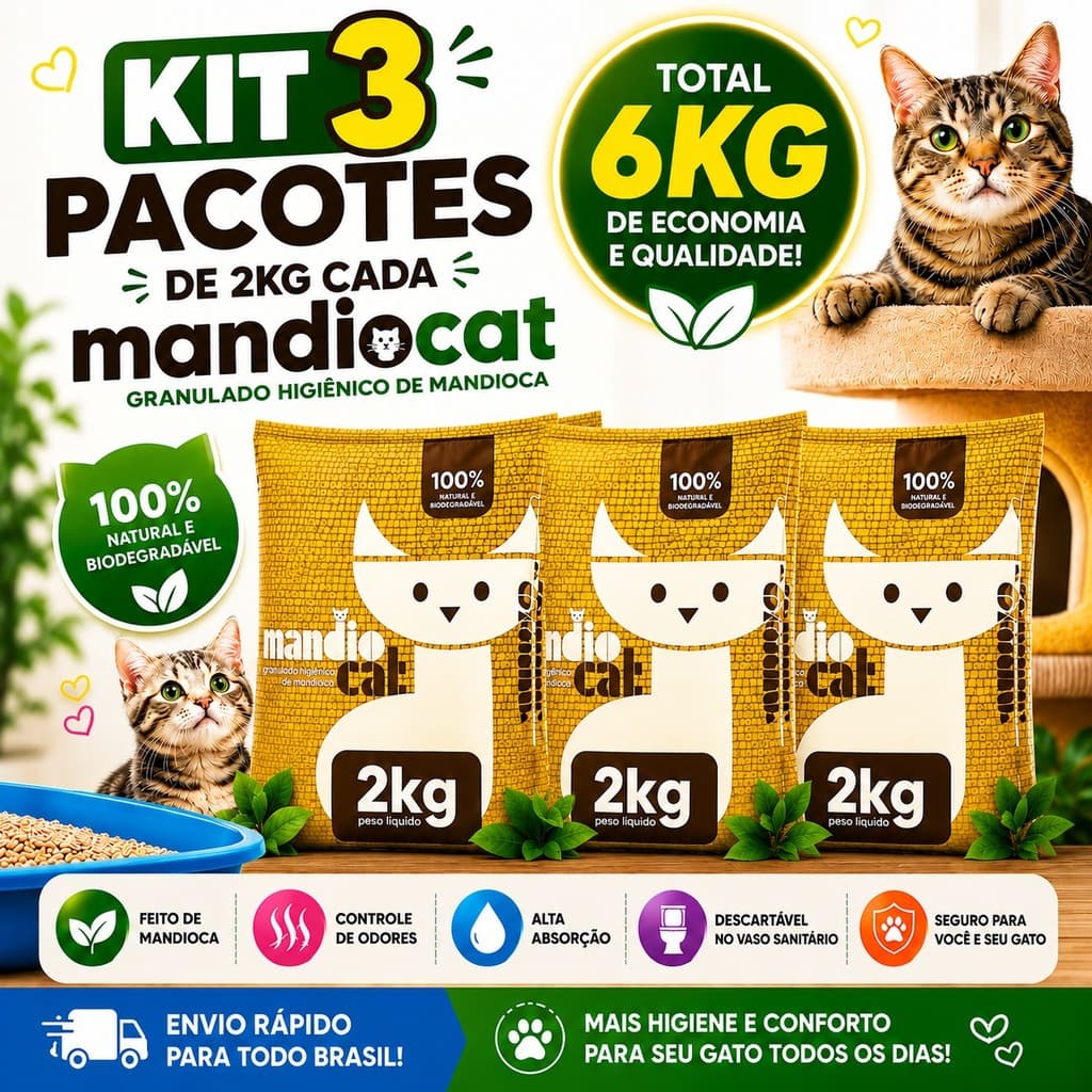 MandioCat Kit 3 Areia Sanitária 6Kg Gato Zero Odor Higiênica Biodegradável e 100% Natural - Envio Rápido