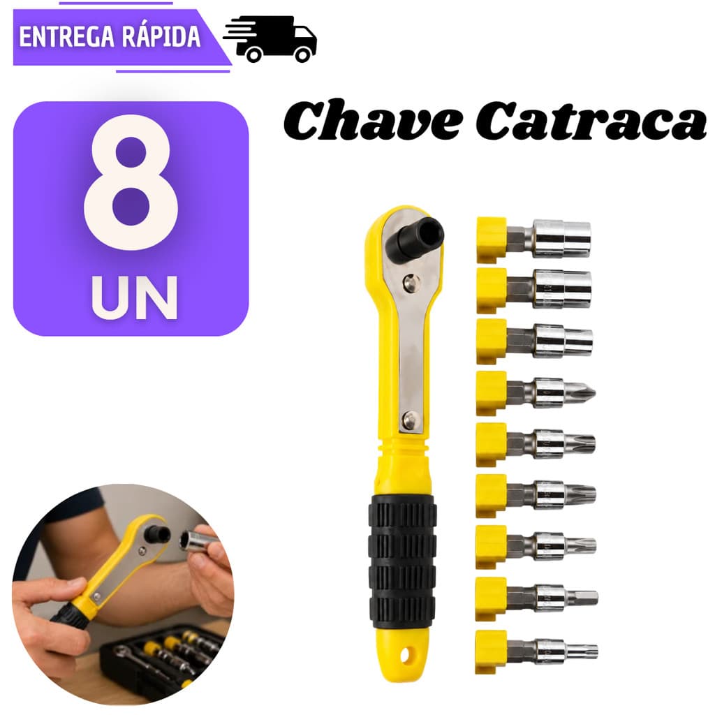 Jogo 8 Chave Catraca 19 Peças Com Soquetes E Bits Multiuso Sextavados Ferramentas Canhão Manutenção