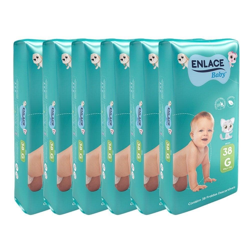 Fralda Descartável Enlace Baby Mega Tamanho G - 6 Pacotes com 38 Fraldas - Total 228 Tiras