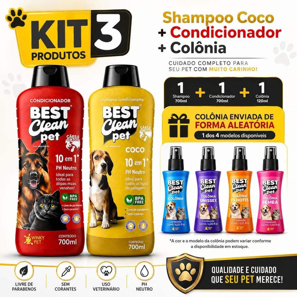 Kit Shampoo Condicionante Coco 10 em 1 para Pets (Shampoo 700ml + Condicionador 700ml) + Colônia 120ml, pH neutro