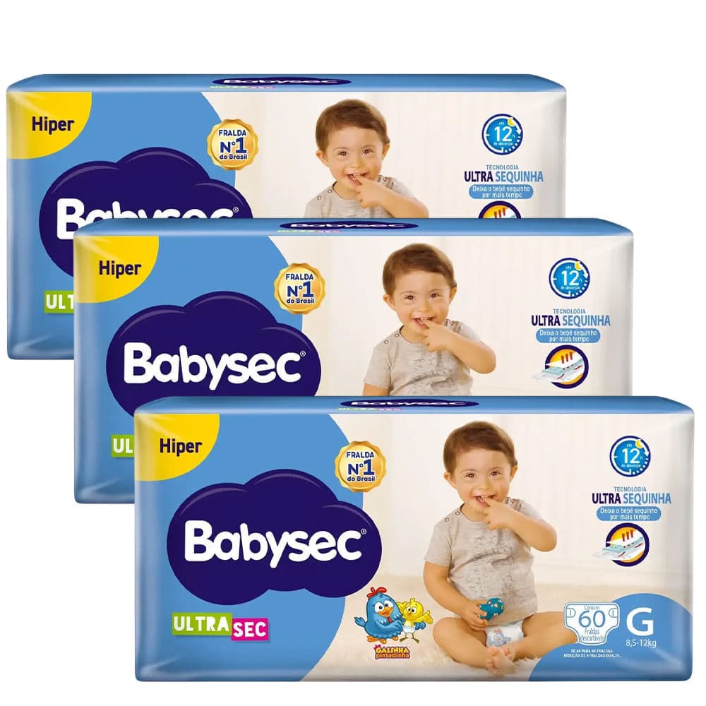 Kit Fralda Descartável Babysec Ultrasec Hiper G Com 60 Unidades - 3 Unidades