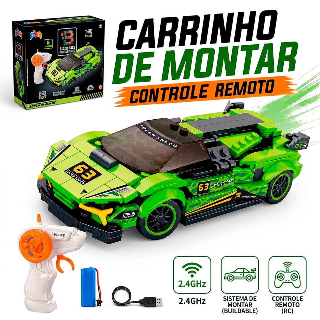 Carrinho De Controle Remoto Bloco De Montar Sports Car Anda Recarregável Usb Escala 1 20 Menino