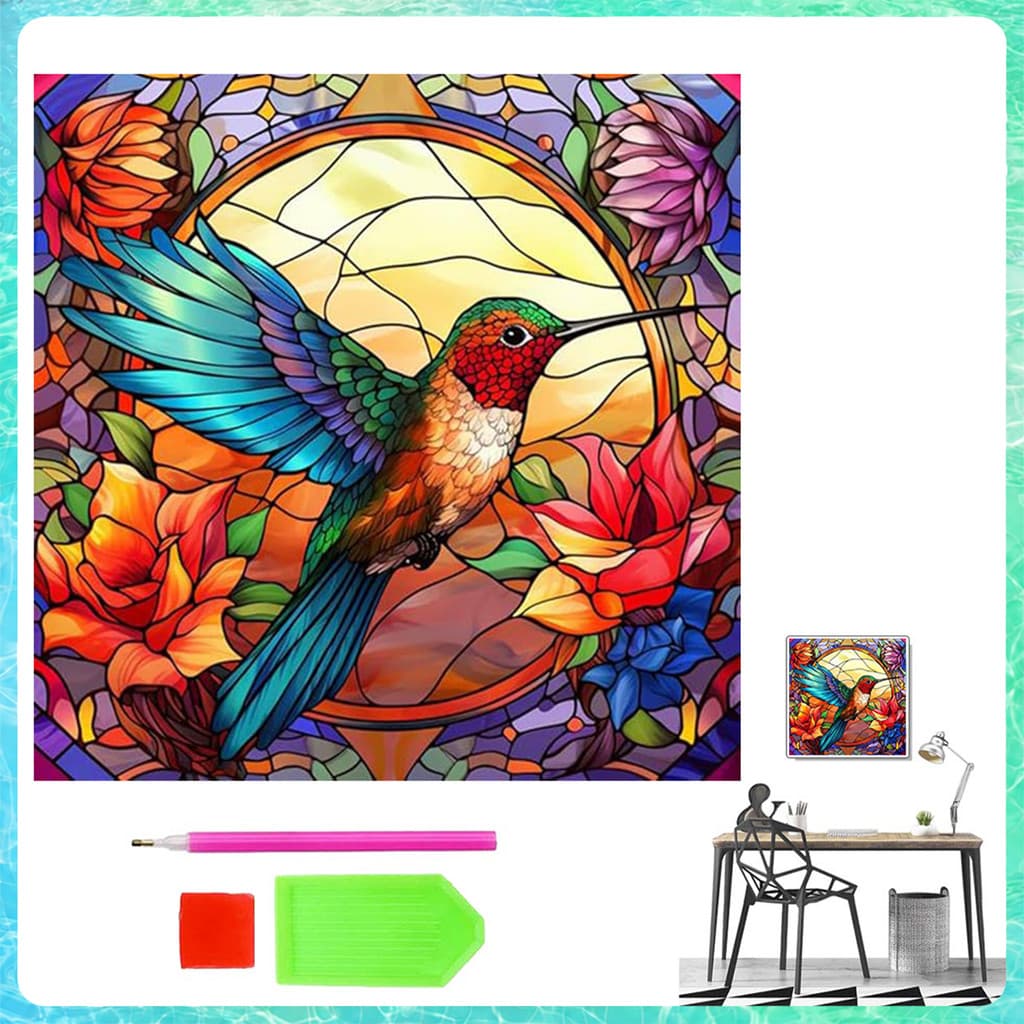 Pintura de Diamante 5D Quadrada 30x30cm Pássaro colorido – kit DIY p/ iniciantes, relaxante, arte decorativa, presente