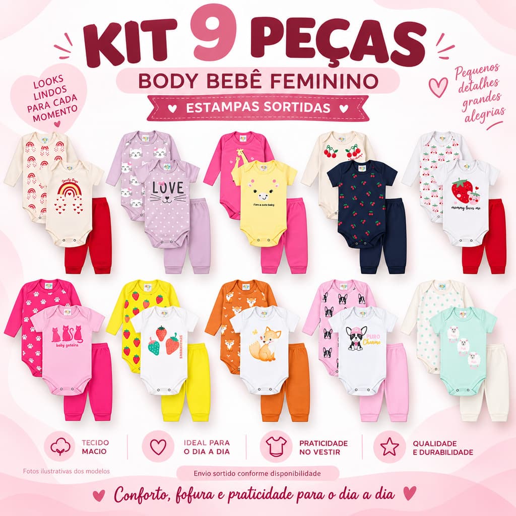 Kit Bebê Menina 9 Peças Body Manga Longa Curta e Mijão Algodão Macio Não Irrita a Pele Enxoval Maternidade RN