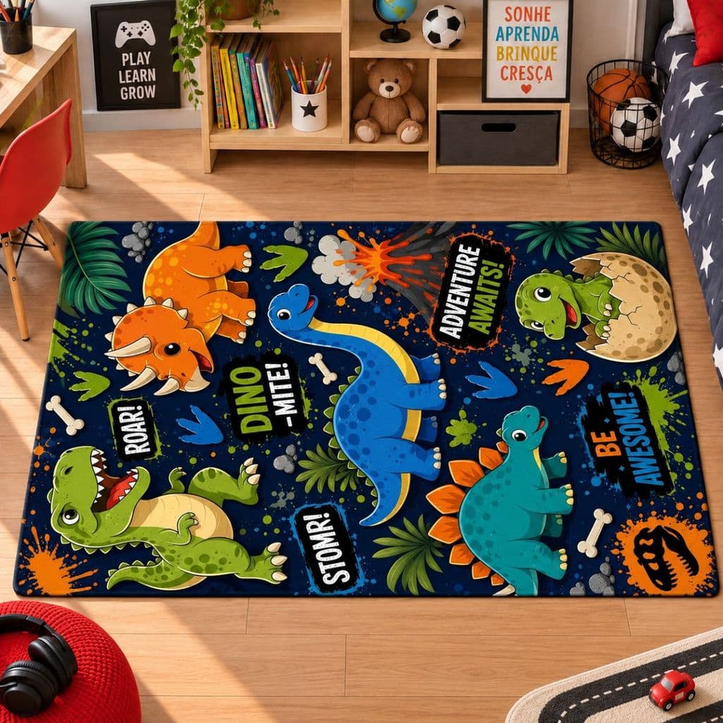 Tapete Decorativo Infantil 118x70cm Antiderrapante Sala, Quarto e Escritório Dino