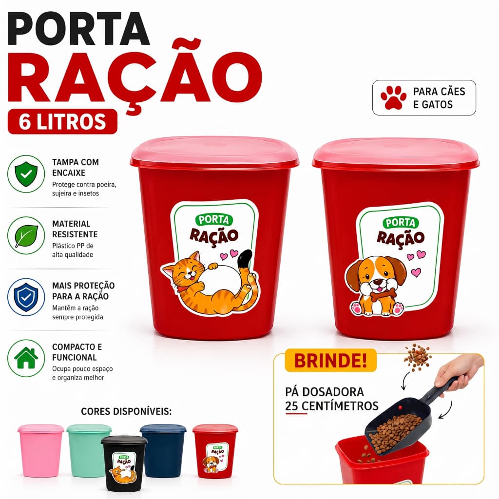 Porta Ração 6 Litros Pet Cachorro Gato Com Tampa Organizador de Ração + Brinde Pá Dosadora