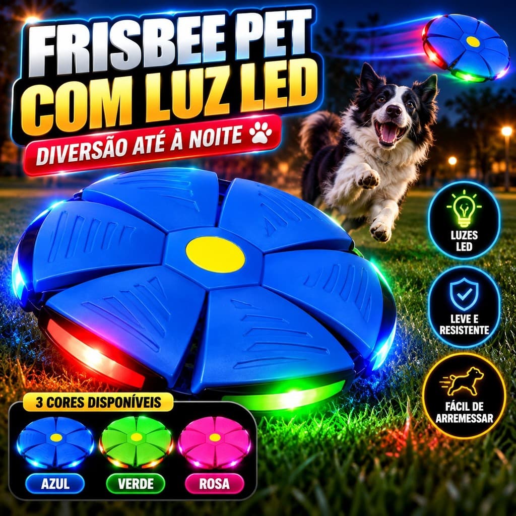 Disco Frisbee Voador para Cachorro com Luz LED Brinquedo Interativo Pet Resistente