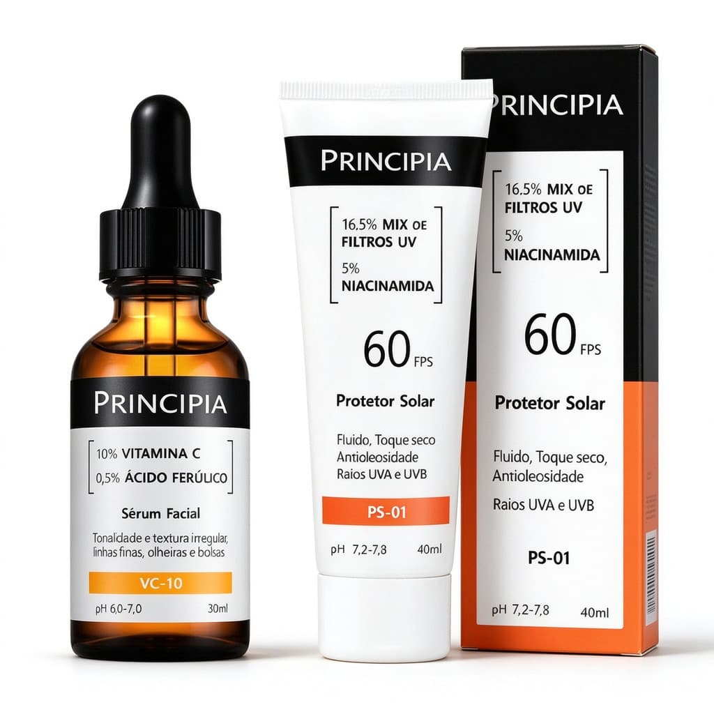 Sérum VC-10 Vitamina C + Protetor Solar PS-01 FPS60 Niacinamida, Rotina Facial Clareadora e Proteção Solar